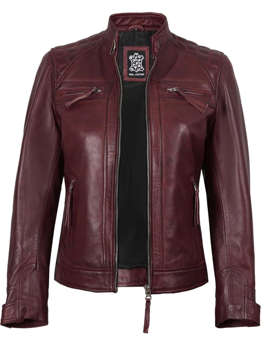 Women’s Maroon Leather Cafe Racer Motorcycle Biker Jacket